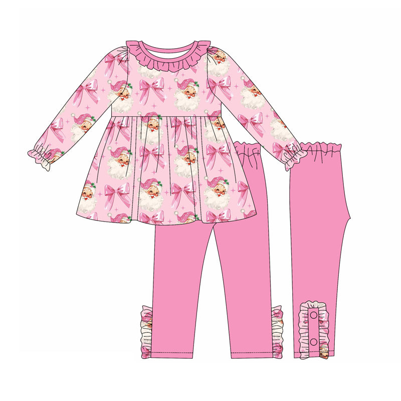Preorder (moq 5)Baby Girls Pink Long Ruffle Sleeves Bows Santa Tunic Leggings Pant Set