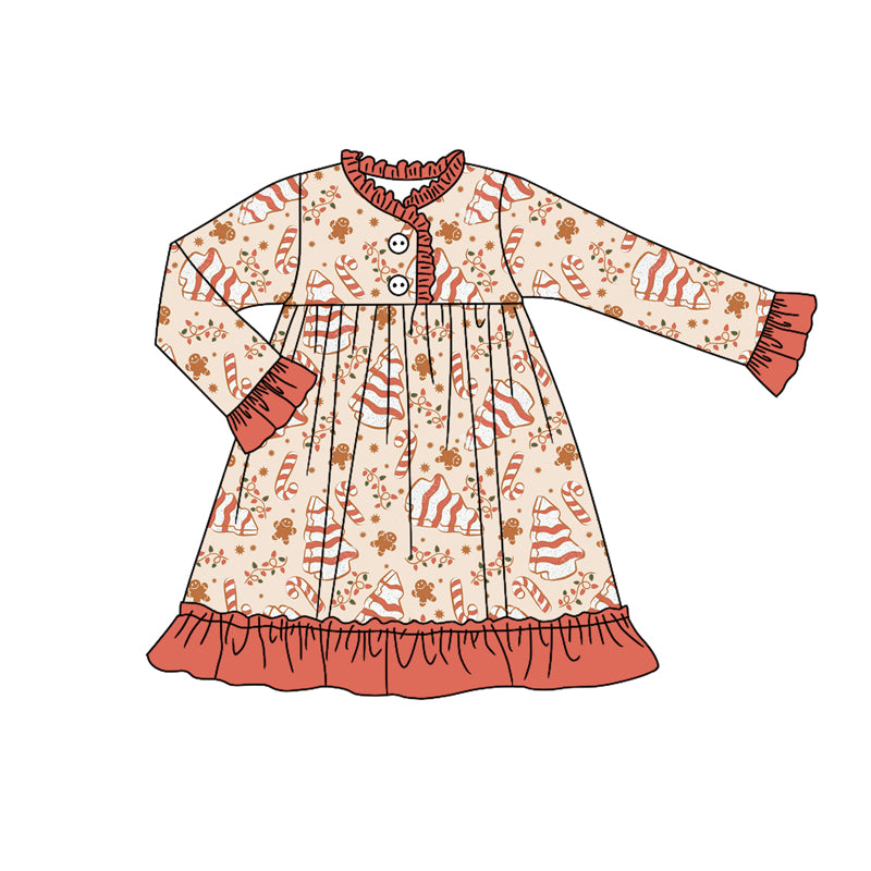 Preorder (moq 5)Baby Girls Long Ruffle Sleeves Candy Cane Trees Button Knee Length Dresses