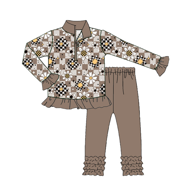 preorder(moq 5) Baby Girls Long Ruffle Sleeves Flowers Plaid Zipper Top Legging Pants Set