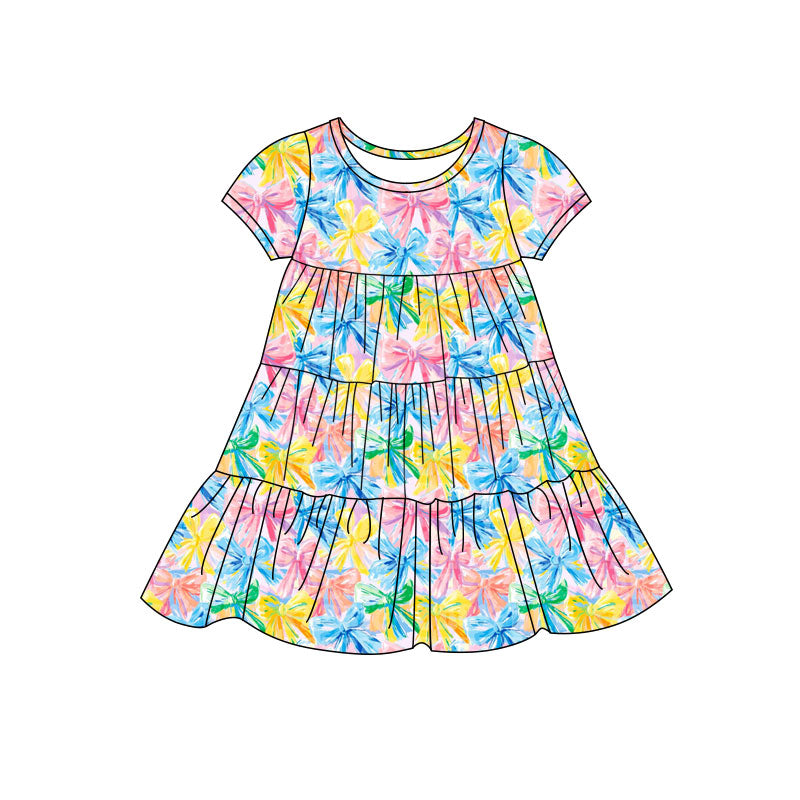 Preorder(moq 5) Baby Girls Colorful Bows Patchwork Ruffle Knee Length Dresses