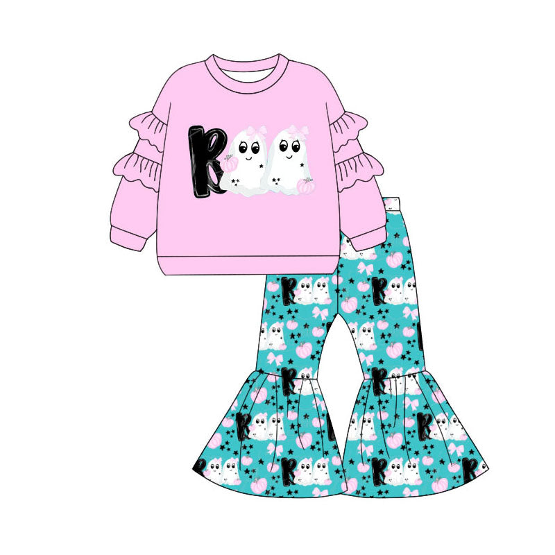 Preorder (moq 5)Baby Girls Ghosts BOO Top Bell Bottom Pants Halloween Clothes Sets