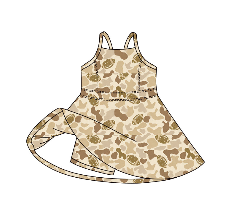 Preorder (moq 5)Baby Girls Strap Southern Camo Footballs Team Shorts Knee Length Dress