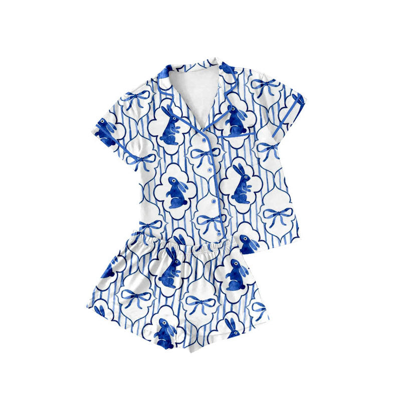 Preorder(moq 5) Baby Girls Blue Bows Rabbits Button Pockets Top Shorts Easter Pajamas Sets