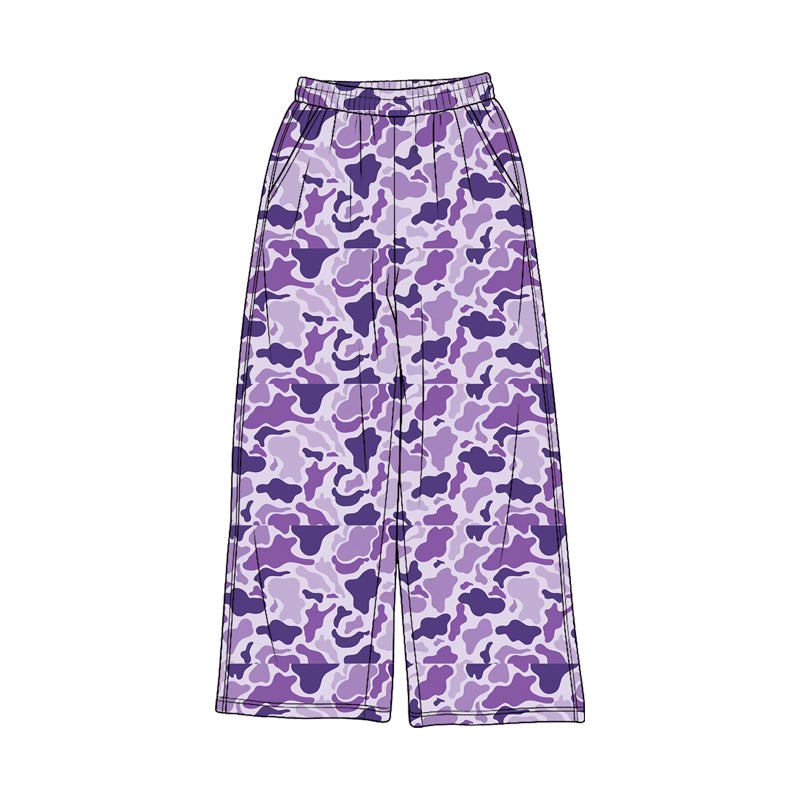 Pre-order(moq5) Girls’ Purple Camouflage Wide-Leg Pants, Elastic-Waist Casual Straight-Leg Long Trousers