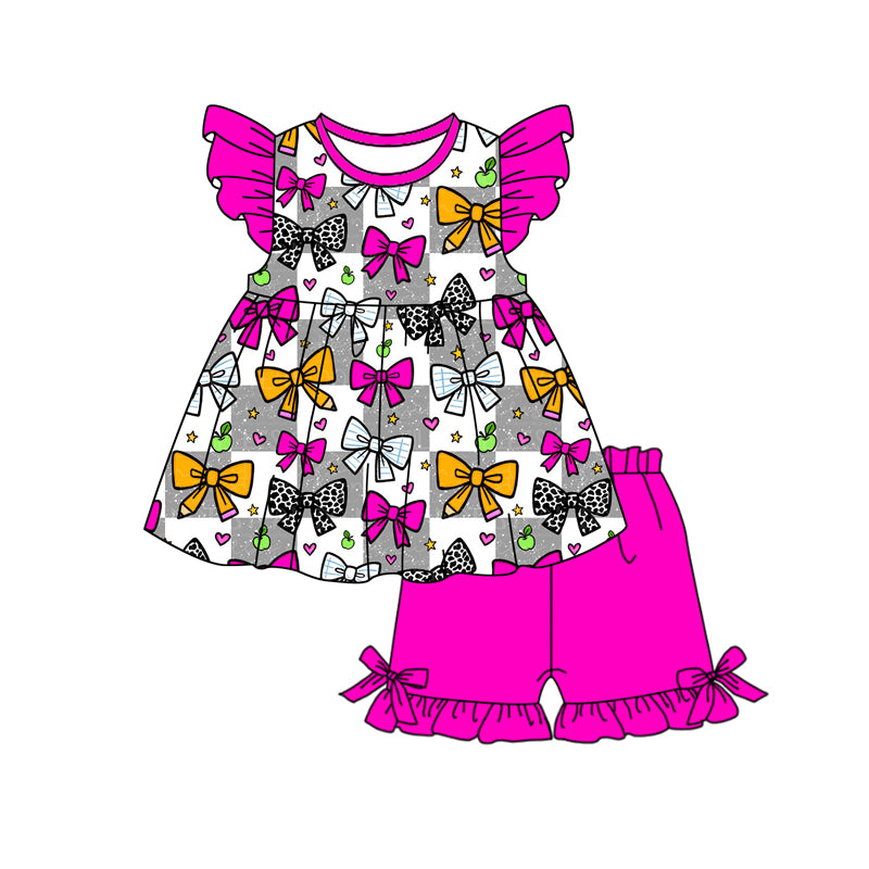 Preorder(moq 5) Baby Girls Pencil Bows Checked Tunic Ruffle Shorts Back to School Clothes Set