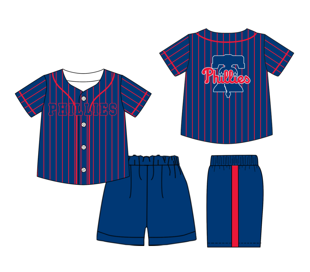 Preorder (moq 5)Baby Boys Red Stripe Phillies Button Top Shorts Team Clothes Sets