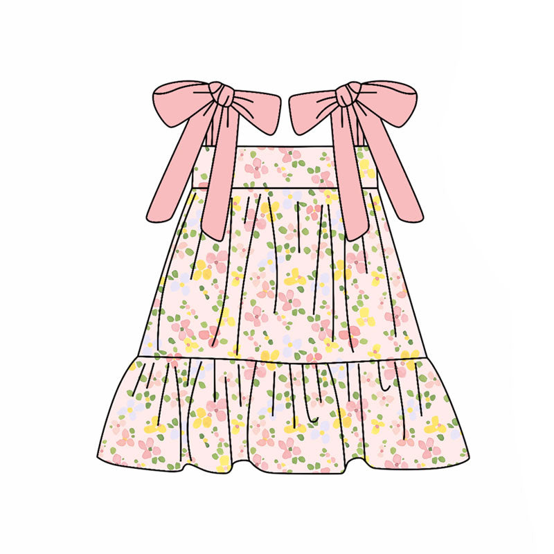 Preorder(moq 5) Baby Girls Strap Pink Yellow Flowers Ruffle Knee Length Dresses
