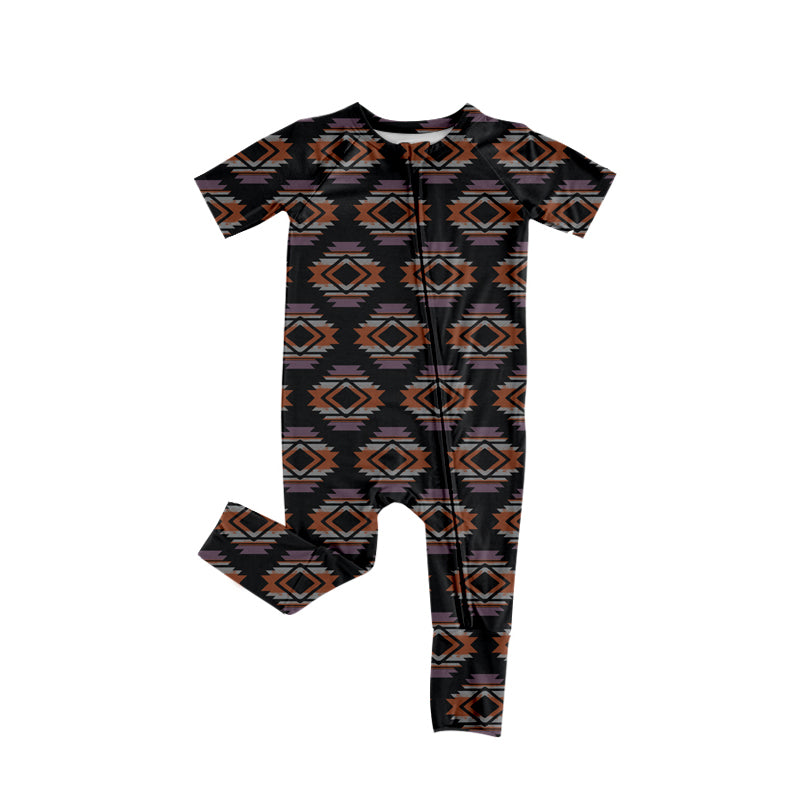 Preorder (moq 5)Baby Boys Short Sleeve Colorful Aztec Western Two Way Zip Convertible Rompers
