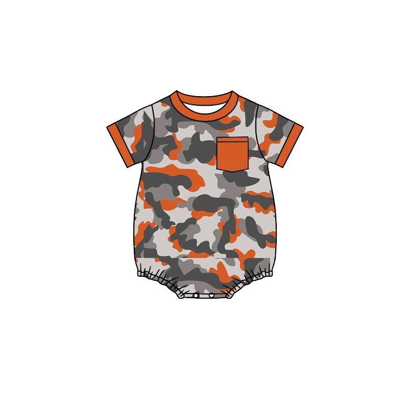 Preorder (moq 5)Baby Boys Short Sleeve Southern Orange Grey Camo Pockets Rompers