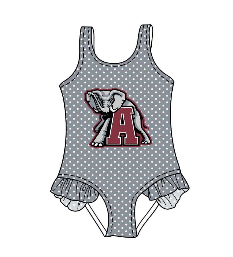 Preorder moq 5 Baby Girls Sleeveless Grey Polka Dots Elephant A Team Swimsuits