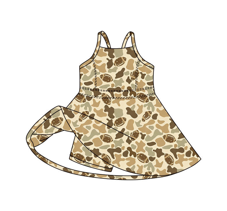 Preorder (moq 5)Baby Girls Strap Southern Camo Footballs Team Shorts Knee Length Dress