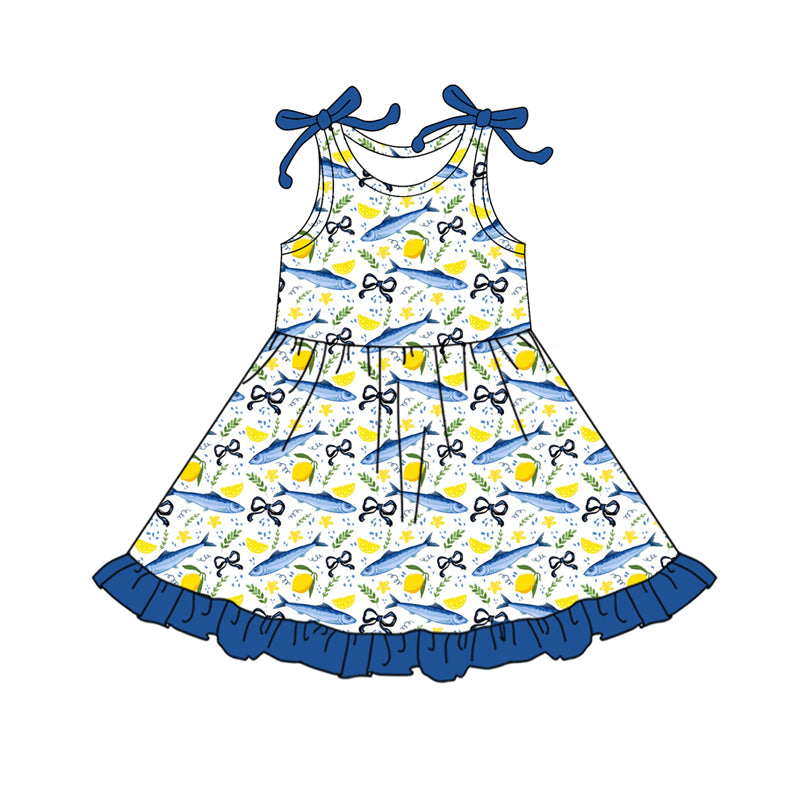 Preorder (moq 5)Baby Girls Fishes Lemons Bows Ruffle Knee Length Dresses