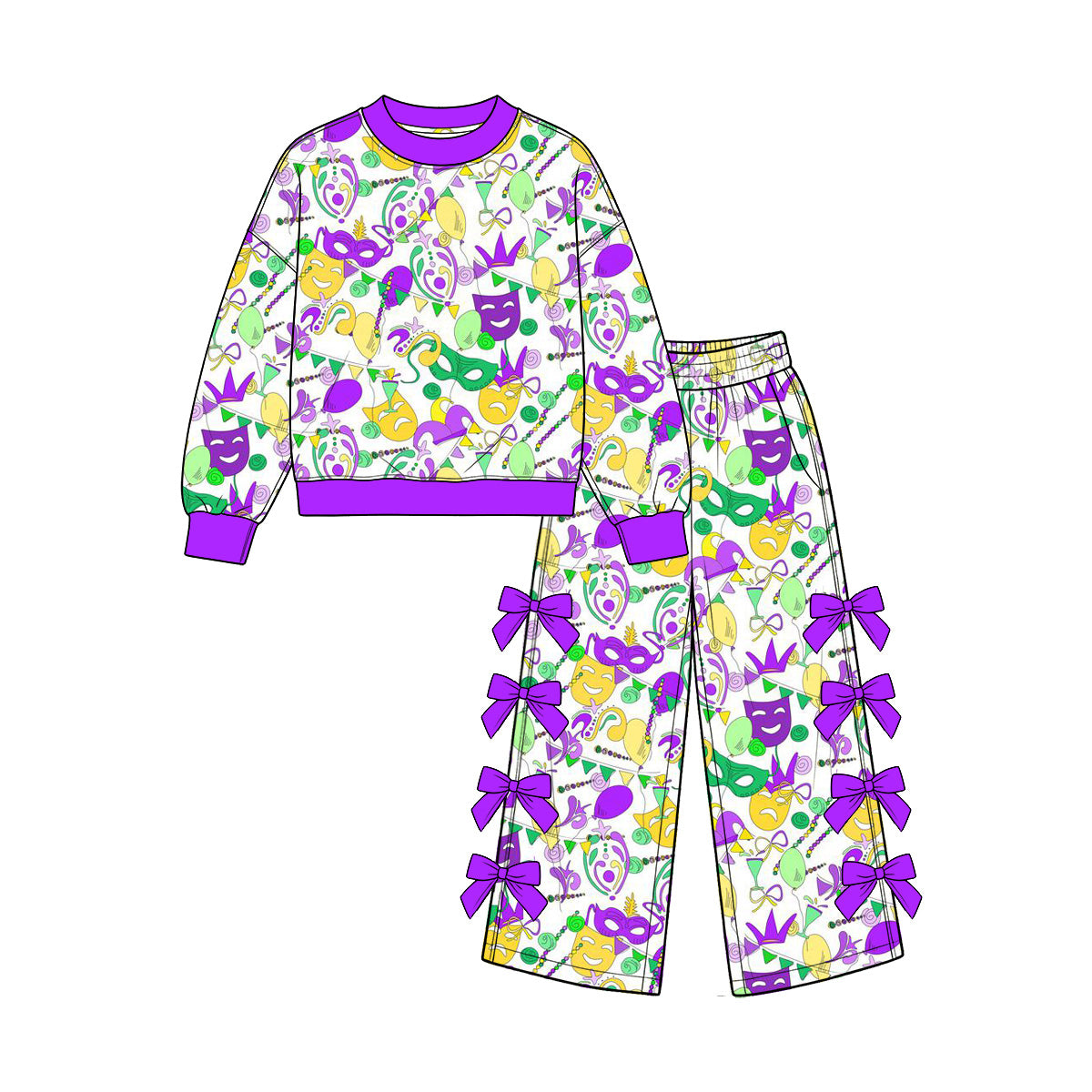 Preorder (moq5) Baby Girls Mardigras Masks Top Bows Pockets Flare Pant Clothes Set