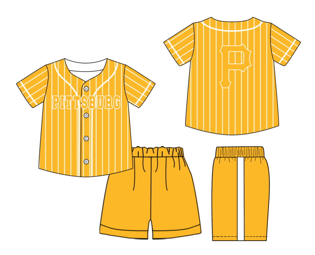 Preorder (moq 5)Baby Boys Yellow Stripe Pittsburs Button Top Shorts Team Clothes Sets