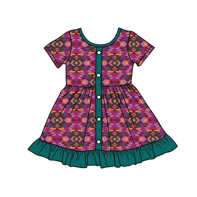 Preorder (moq 5)Baby Girls Western Hot Pink Aztec Button Ruffle Knee Length Dresses