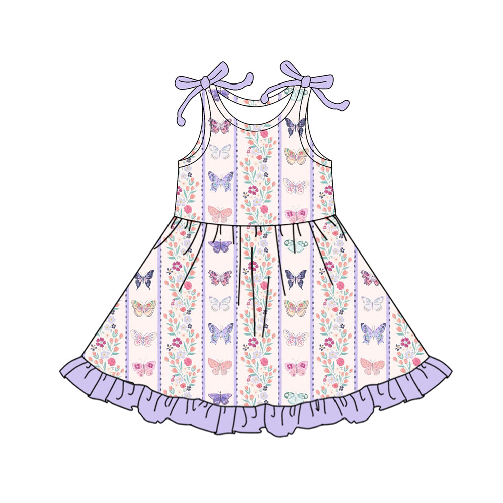 Preorder (moq 5)Baby Girls Flowers Butterfly Stripe Ruffle Knee Length Dresses