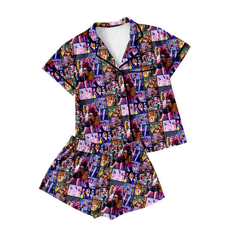 Preorder moq 5 Adult Women Cartoon Girls Button Pockets Top Shorts Pajamas Sets