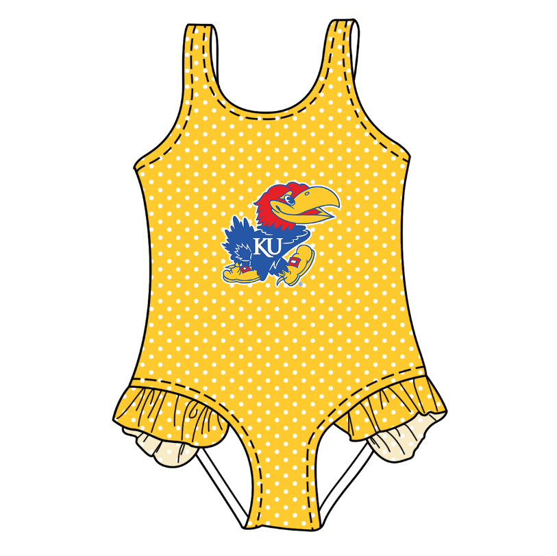Preorder moq 5 Baby Girls Sleeveless Yellow Polka Dots KU Team Swimsuits