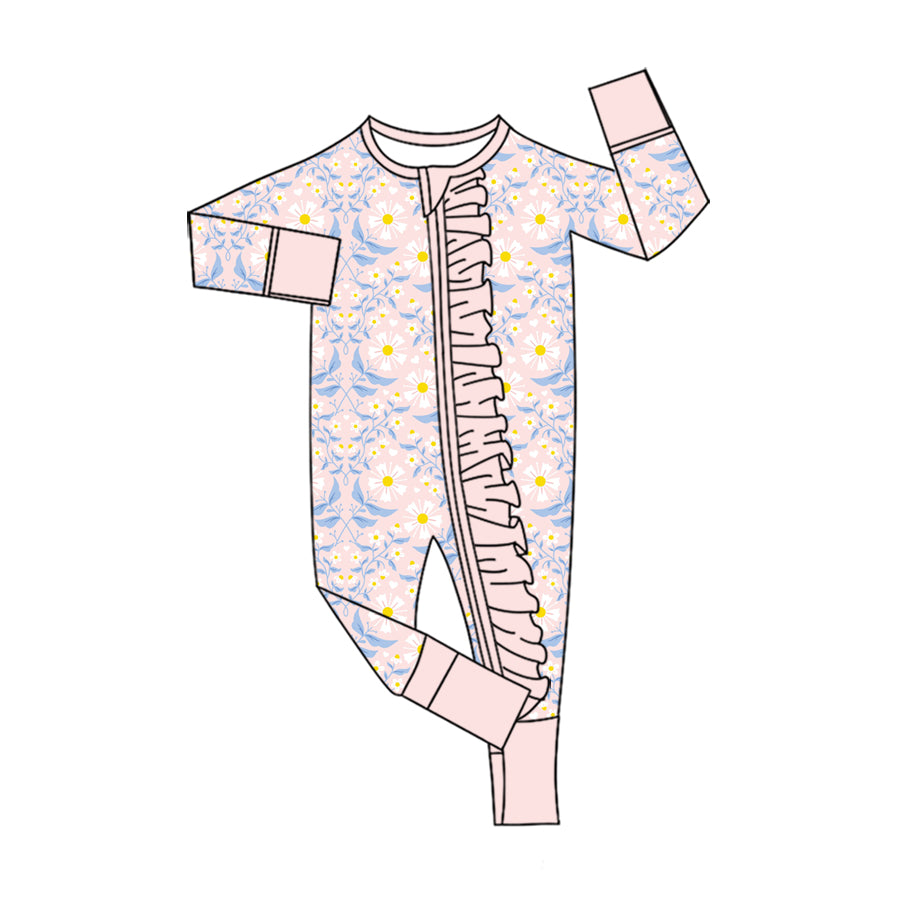 Preorder (moq 5)Baby Girls Colorful Flowers Two Way Ruffle Zip Convertible Rompers