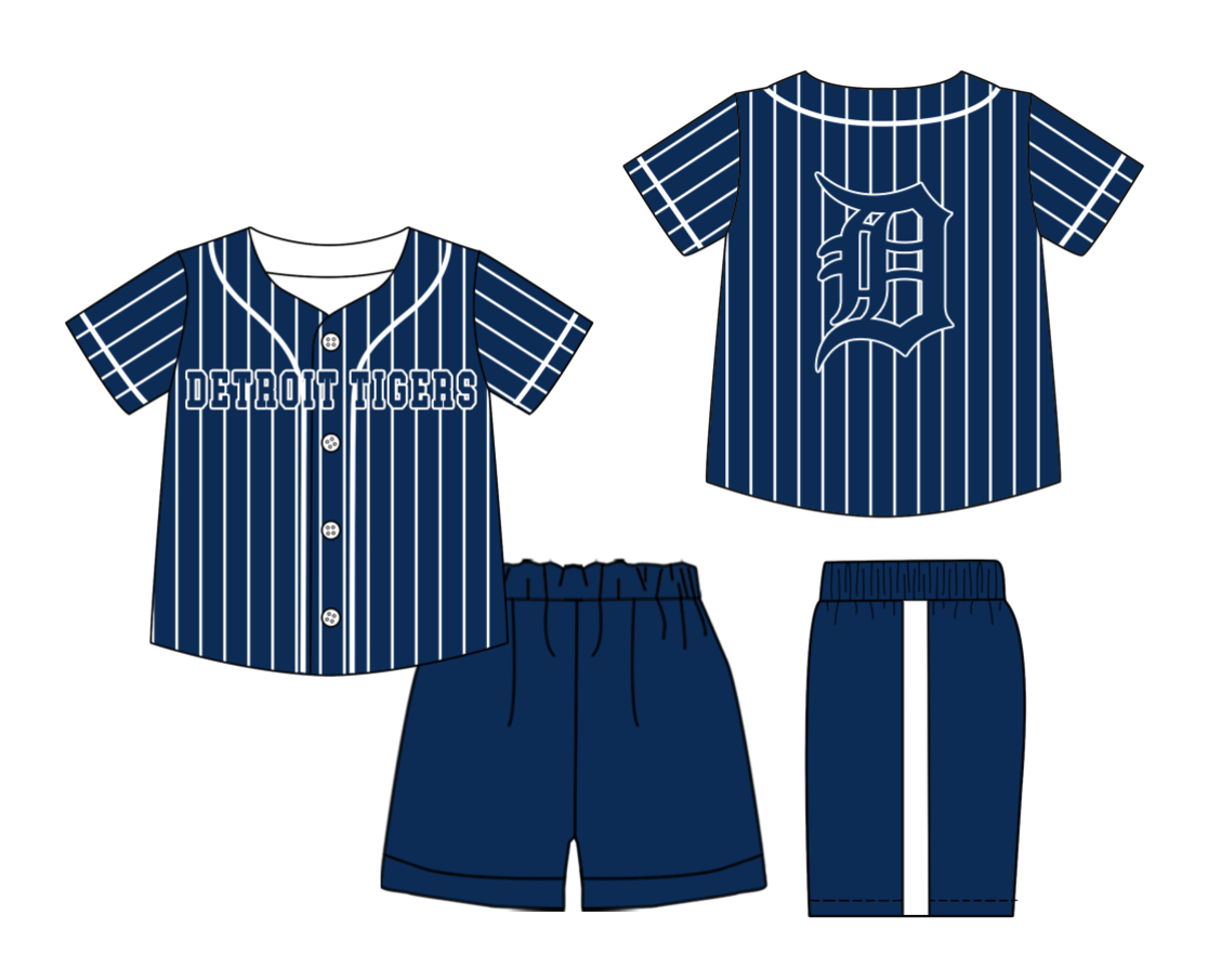 Preorder (moq 5)Baby Boys Navy Stripe Detroit Tigers Button Top Shorts Team Clothes Sets