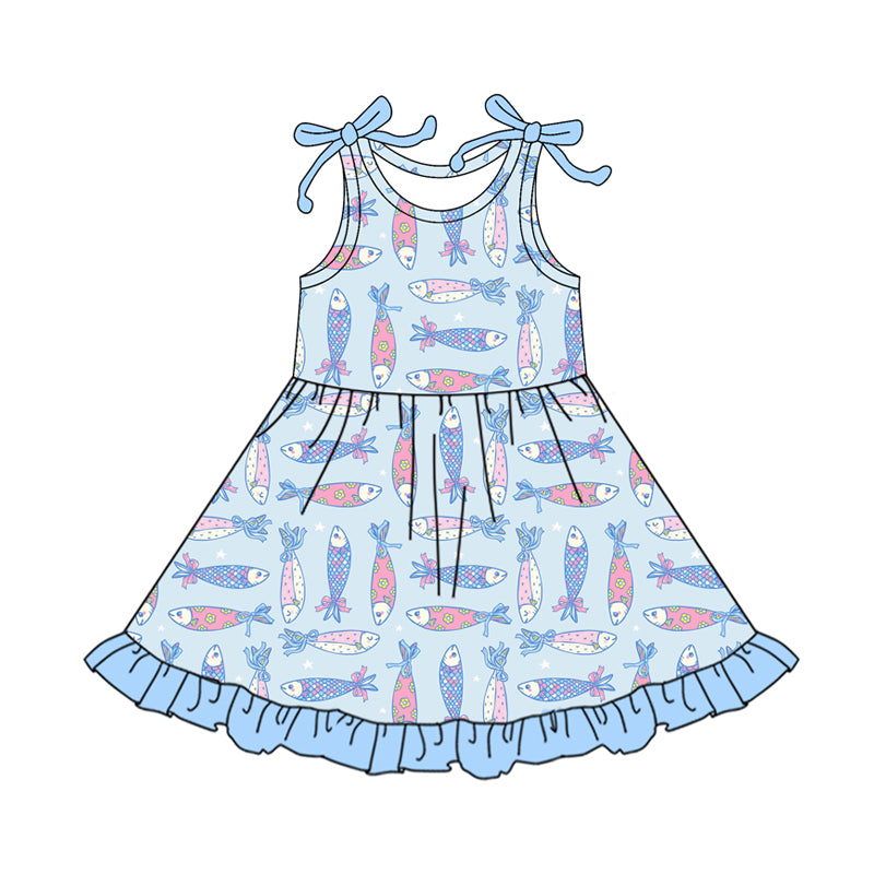 Preorder (moq 5)Baby Girls Colorful Flowers Fishes Ruffle Knee Length Dresses