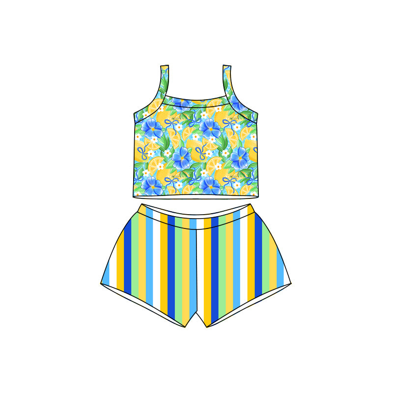 Preorder moq 5 Baby Girls Strap Bows Lemons Top Stripe Short Clothes Sets