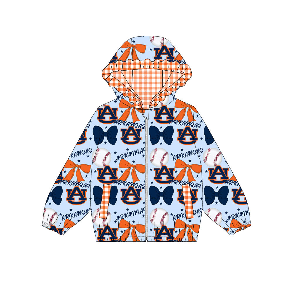 Preorder(moq 8)Baby Girls Orange Navy Bows AU Arkansas Pockets Zipper Team Ruffle Hoodies Jackets