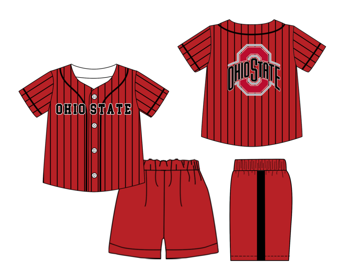 Preorder (moq 5)Baby Boys Black Stripe Ohio State Button Top Shorts Team Clothes Sets