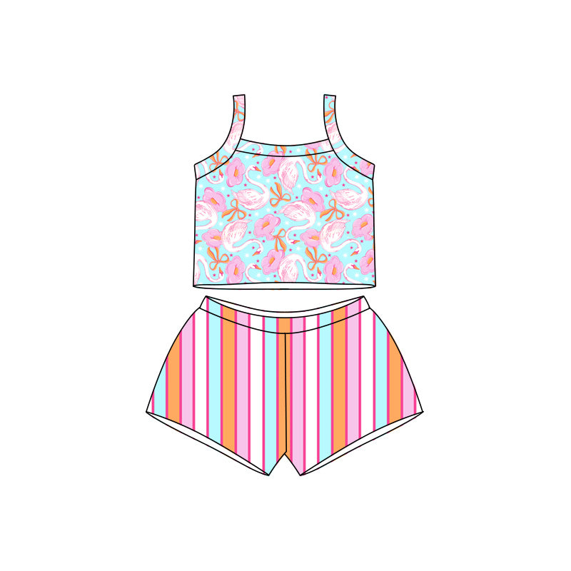 Preorder moq 5 Baby Girls Strap Bows Flamings Top Stripe Short Clothes Sets