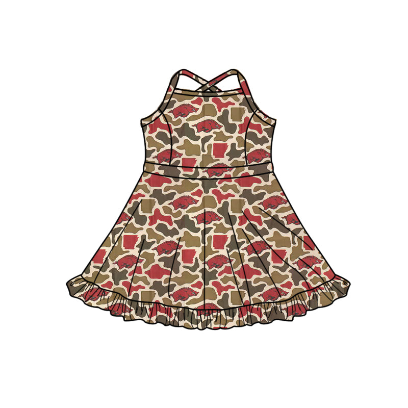 Preorder (moq 5)Baby Girls Strap Southern Red Camo Bulls Team Ruffle Knee Length Dress