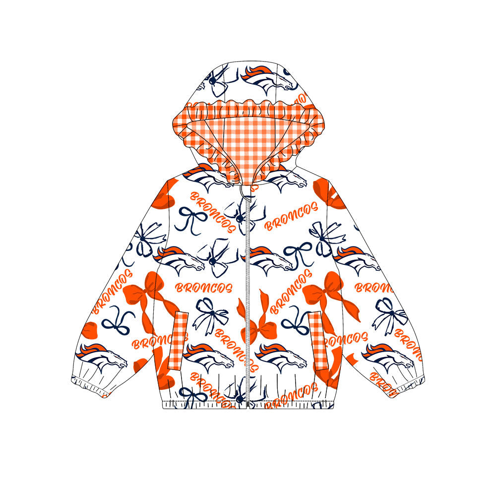 Preorder(moq 8)Baby Girls Orange Bows Broncos Pockets Zipper Team Ruffle Hoodies Jackets