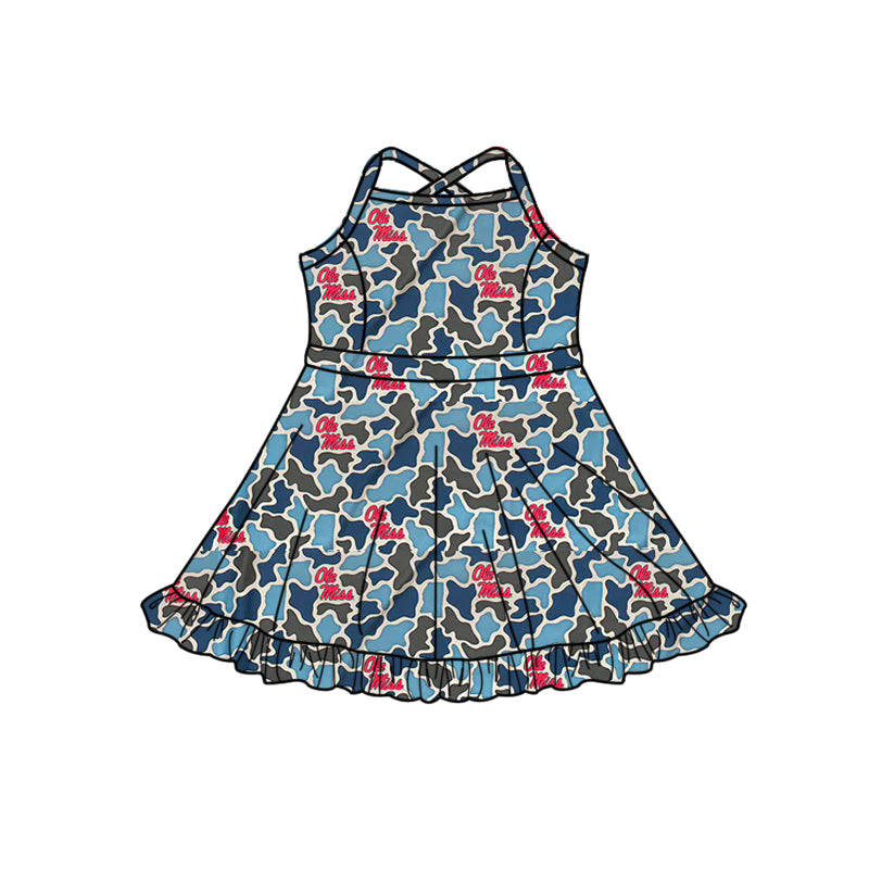 Preorder (moq 5)Baby Girls Strap Southern Blue Camo Ole Miss Team Ruffle Knee Length Dress