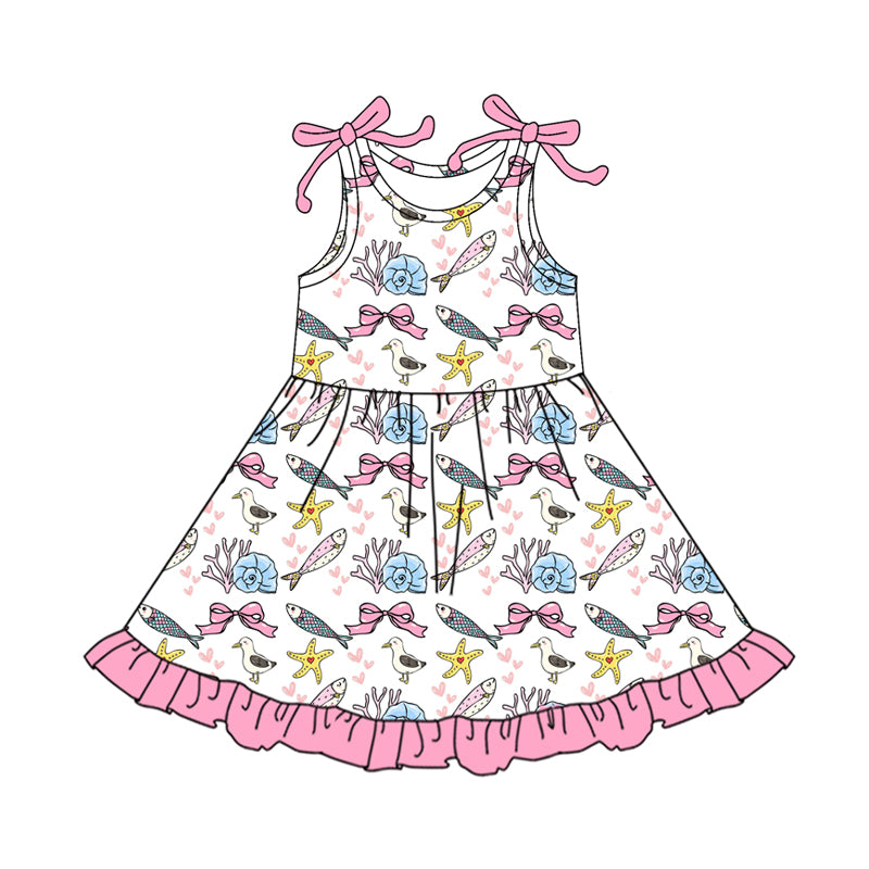 Preorder (moq 5)Baby Girls Starfishes Fishes Bows Ruffle Knee Length Dresses