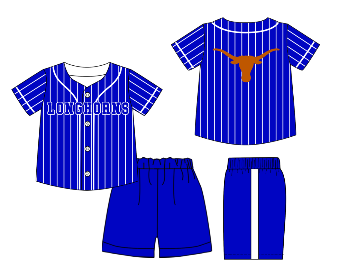 Preorder (moq 5)Baby Boys Hot Blue Stripe Longhorns Button Top Shorts Team Clothes Sets