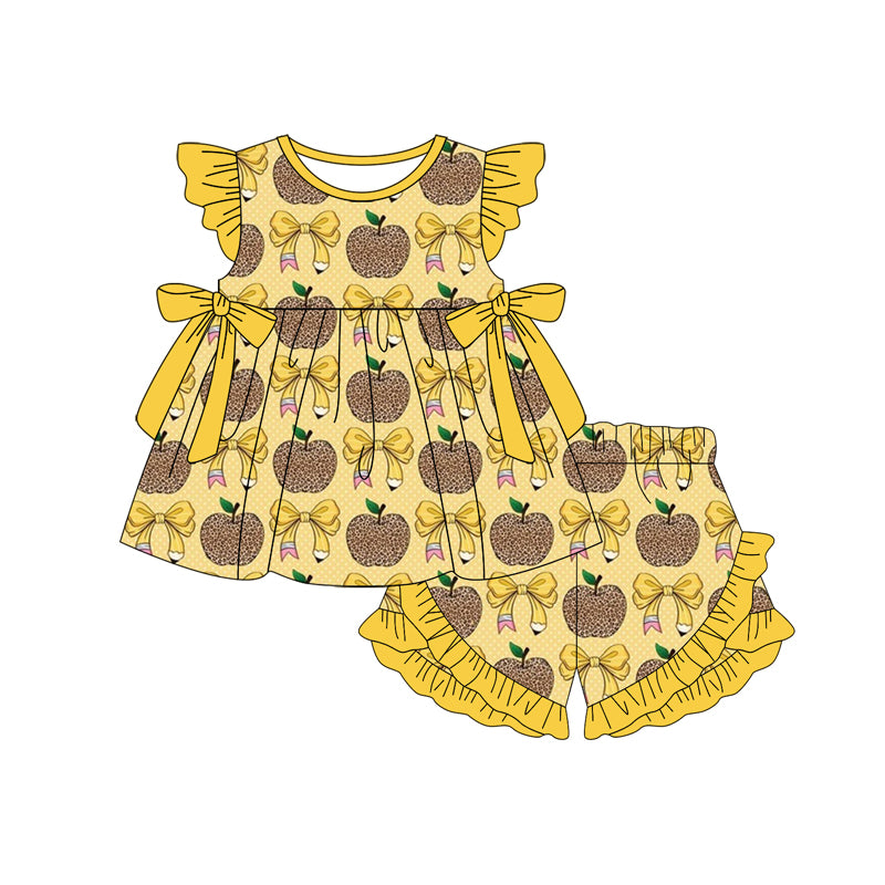 Preorder(moq 5) Baby Girls Apples Pencil Bows Tunic Ruffle Shorts Back to School Clothes Set