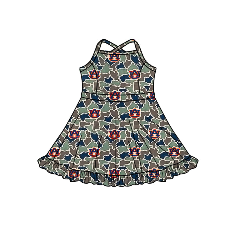 Preorder (moq 5)Baby Girls Strap Southern Green Camo AU Team Ruffle Knee Length Dress