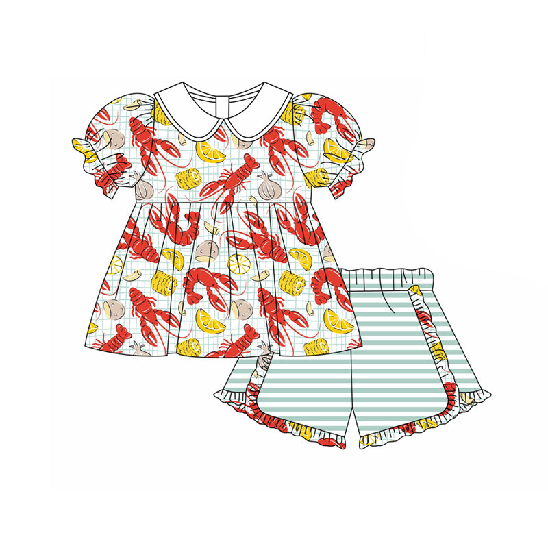 Preorder (moq 5)Baby Girls Crayfishes Checked Collar Tunic Ruffle Shorts Clothes Sets
