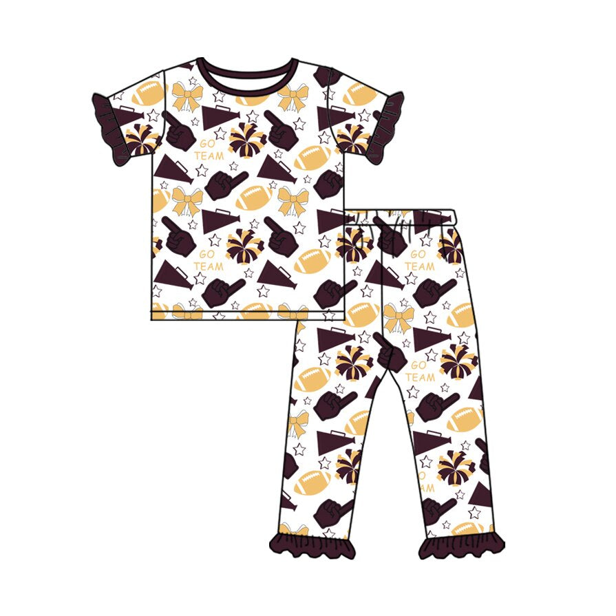 Preorder(moq 8)Baby Girls Gold Dark Red Bows Footballs Top Ruffle Pants Team Pajamas Sets