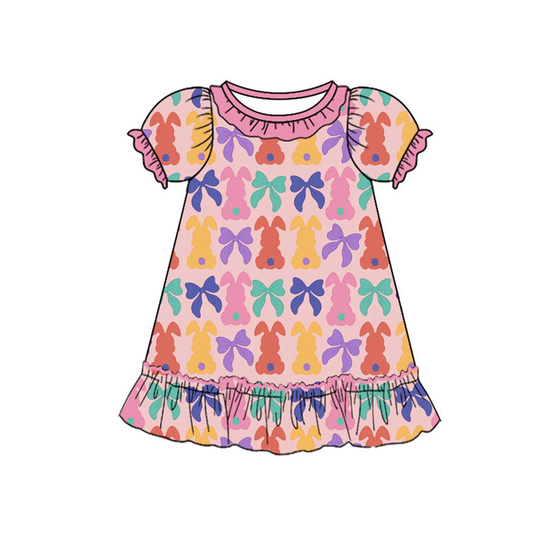 Preorder (moq 5)Baby Girls Colorful Bows Rabbits Easter Ruffle Knee Length Dresses