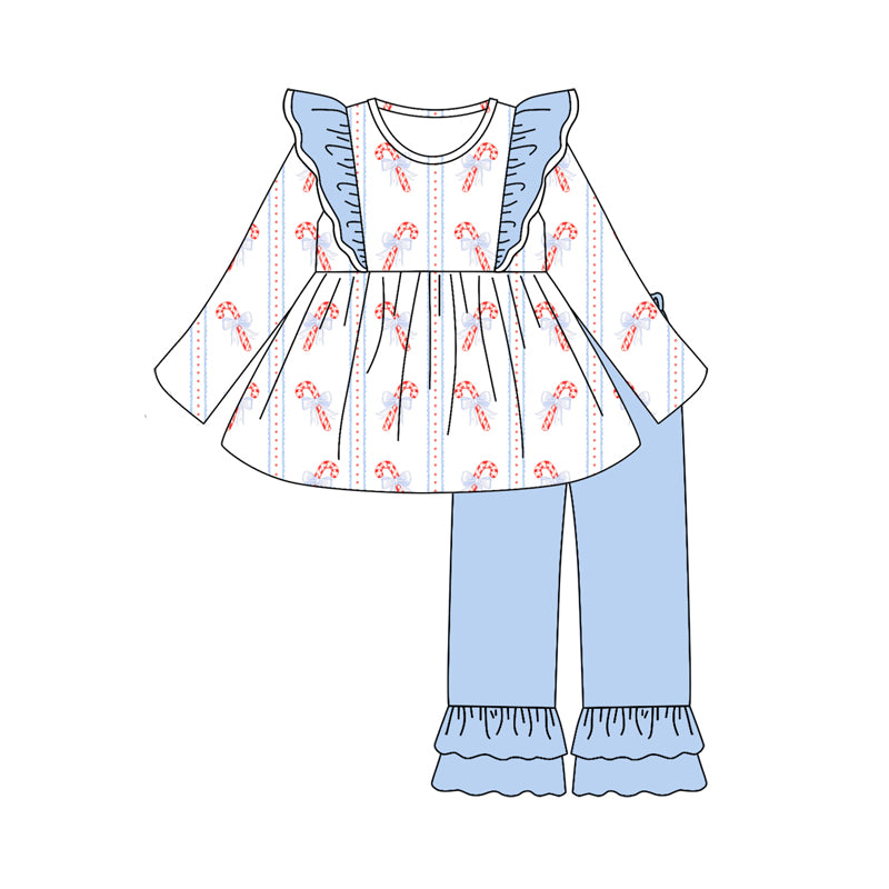 Preorder (moq 5)Baby Girls Long Sleeves Bows Candy Cane Stripe Tunic Ruffle Pant Sets