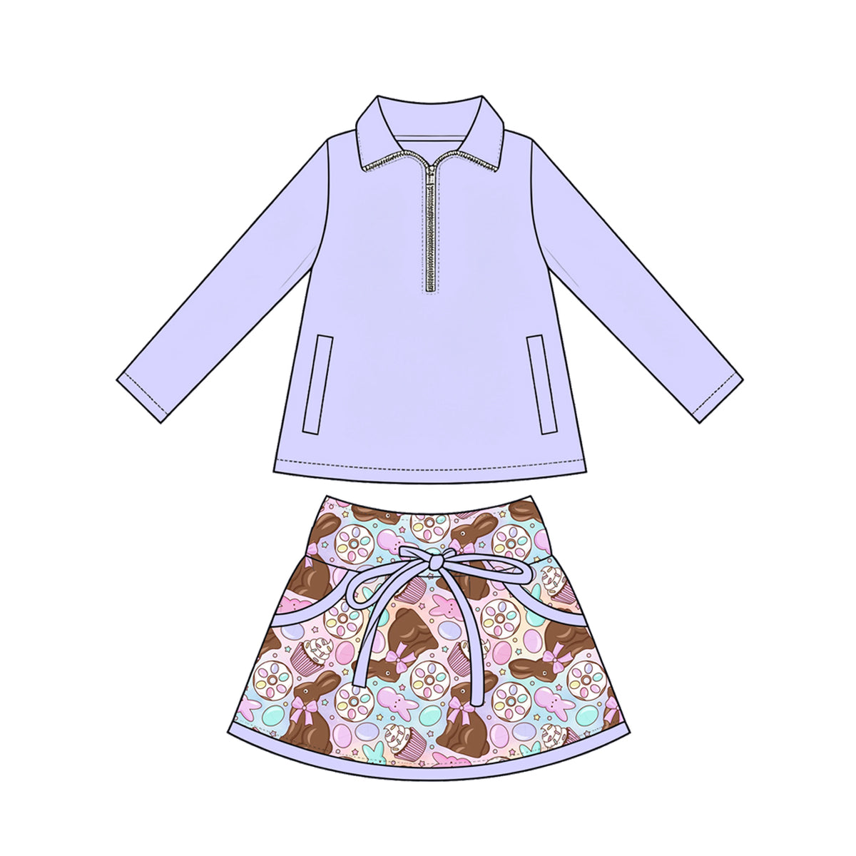 Preorder (moq 5) Baby Girl Clothes Easter Chocolate Bunny Donut Print Lavender Long Sleeve Half Zip Top Bow Skirt Set