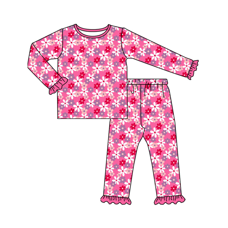 Preorder (moq 20)Baby Girls Bamboo Colorful Floral Ruffle Pants Pajamas Sets
