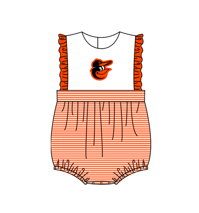 Preorder (moq 5)Baby Girls Sleeveless Baltimore Orioles Stripe Team Ruffle Rompers
