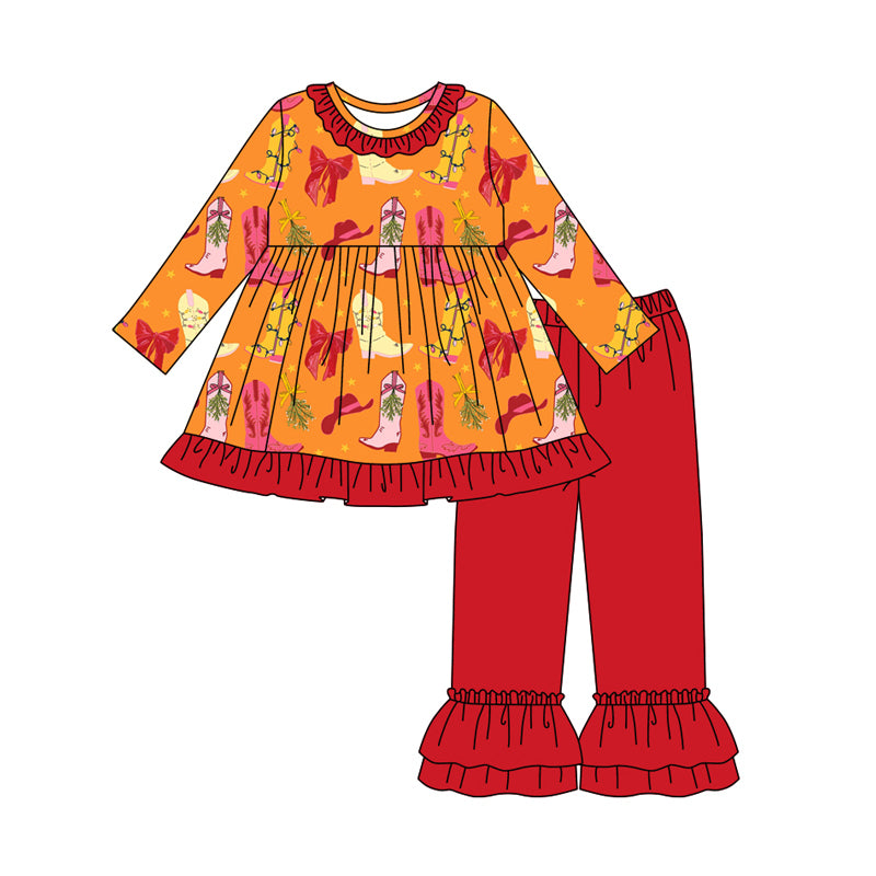 Preorder (moq 5)Baby Girls Bows Boots Plaid Tunic Ruffle Pant Clothes Set