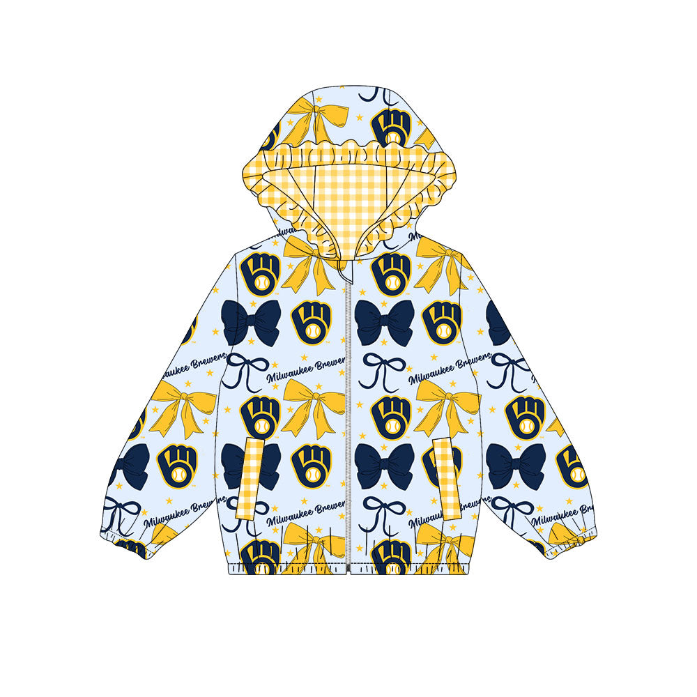 Preorder(moq 8)Baby Girls Navy Yellow Bows Milvsaukee Pocket Zipper Team Ruffle Hoodies Jackets