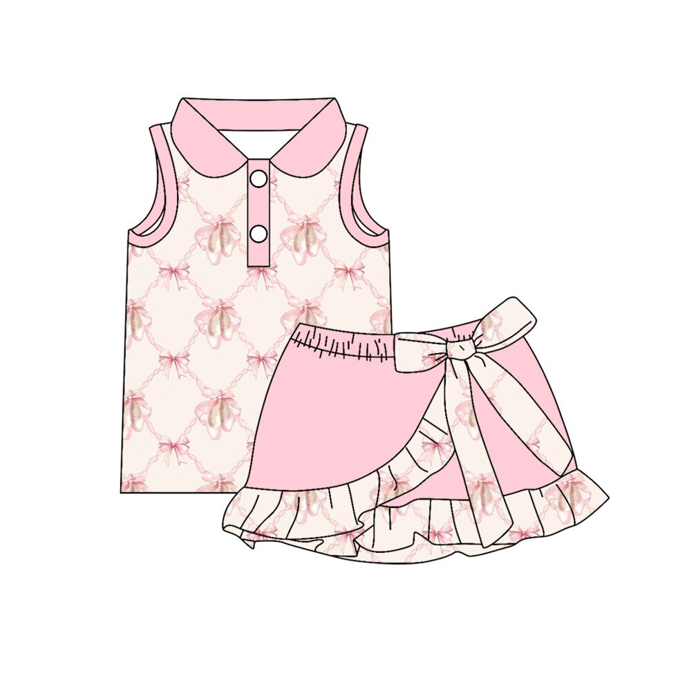 Preorder (moq 5)Baby Girls Pink Bow Shoes Checked Button Top Ruffle Skirt Shorts Clothes Sets