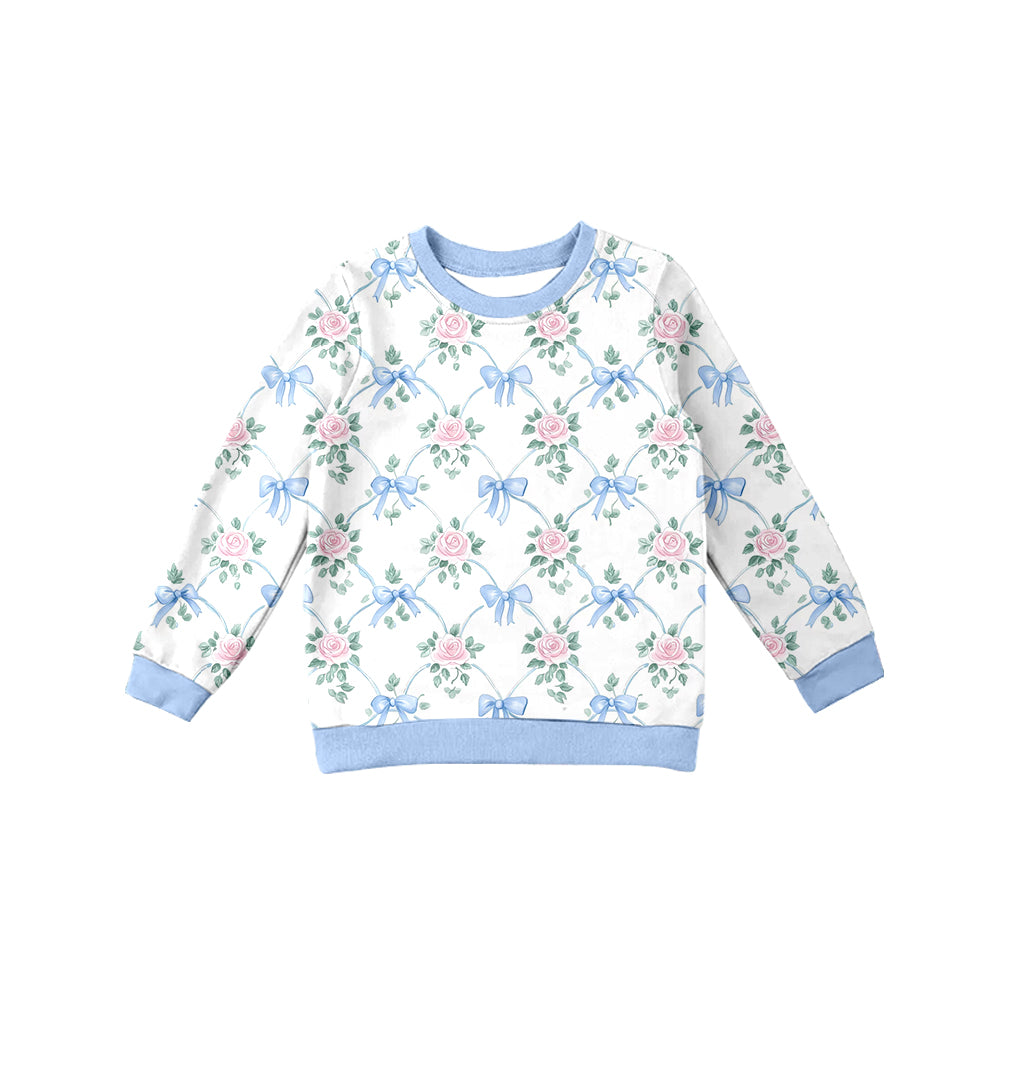 Preorder (moq 5)Baby Girls Long Sleeves Blue Bows Flowers Plaid Tee Shirts Top
