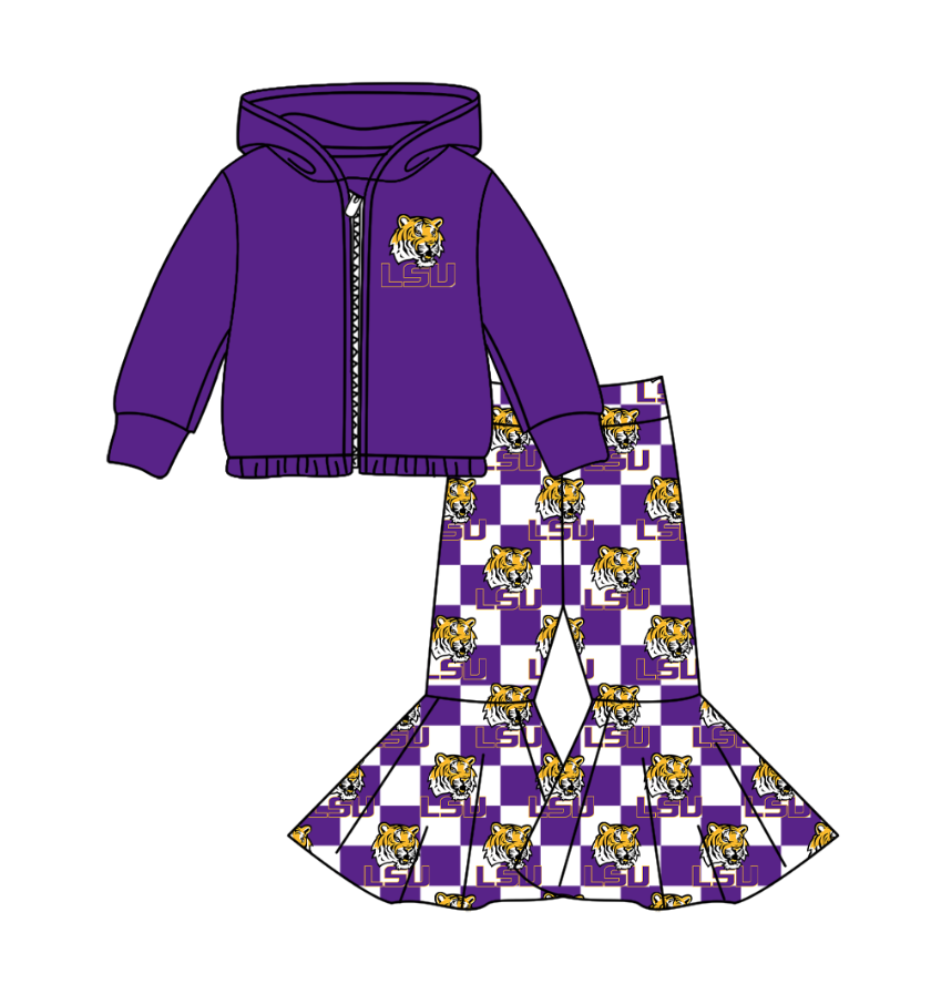 Preorder(moq 5) Baby Girls Purple LSU Tiger Zipper Hoodie Jacket Bell Bottom Pants Team Clothes Sets