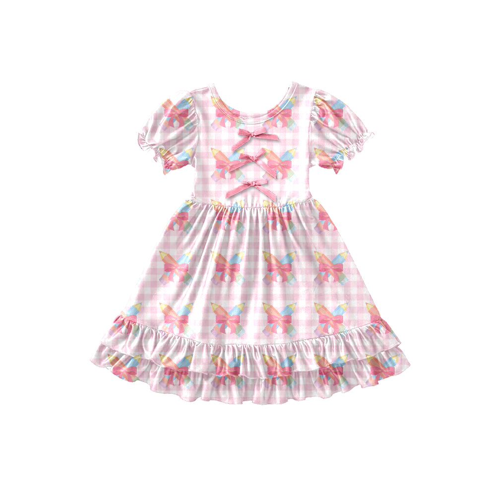 Preorder (moq 5)Baby Girls Pink Checked Pencil Bows Back to School Ruffle Knee Length Dress