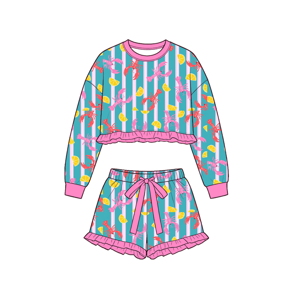 Preorder (moq 5) Baby Girl Clothes Crawfish Lemon Stripe Print Long Sleeve Crop Top Ruffle Short Set